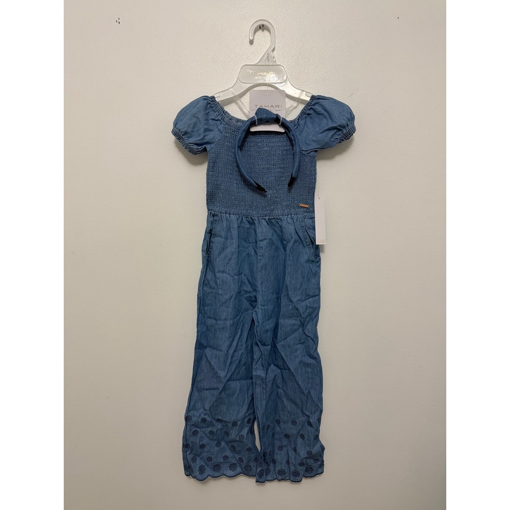 Tahari‎ Girls Blue Chambray Jumpsuit with Matching Headband – Size 5 – NWT
